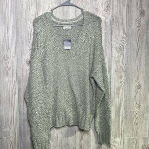 LUCKY BRAND Women Large V-Neck Sweater Heather Green Drop Long Sleeve NEW
